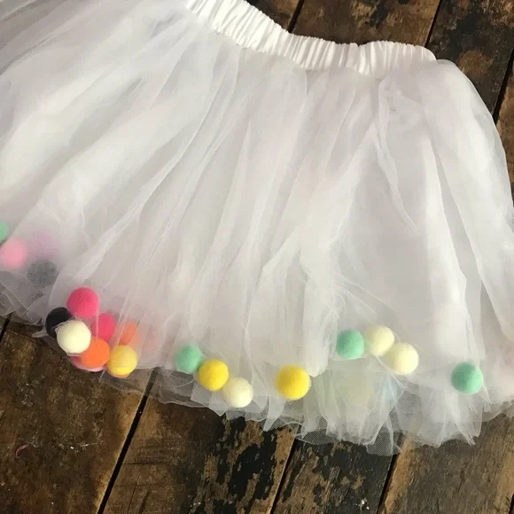 White Rainbow Pom-Poms Tutu Tulle Skirt Toddler Medium 3T 4T - Picture 3 of 6